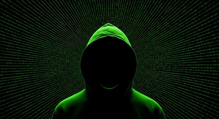 Mysterious hacker in a green hoodie with binary code backdrop, perfect for cyber security or technology themes, digital age
