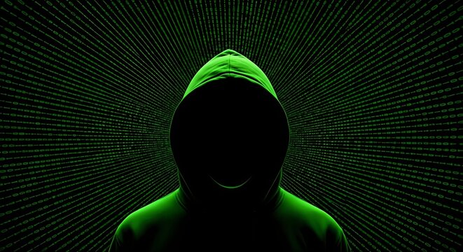 Mysterious hacker in a green hoodie with binary code backdrop, perfect for cyber security or technology themes, digital age - Powered by Adobe