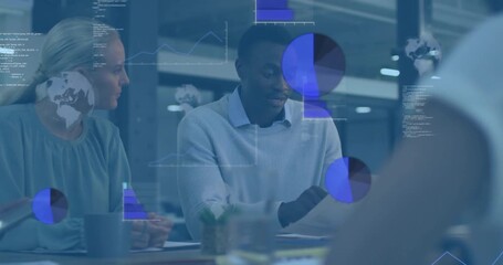 Center coworker flipping report, initiating data charts appearing fading for business meeting - Powered by Adobe