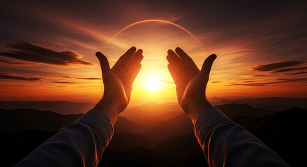 Hands reaching for vibrant sunset over majestic mountains, symbolizing hope, faith, and connection with nature's beauty