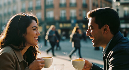 young couple drinking coffee in cafe