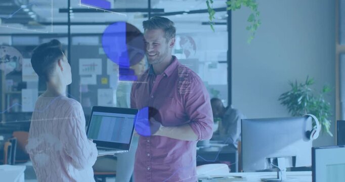 woman presenting laptop to colleague with smartphone for tech demo, sparking animated data overlays - Powered by Adobe