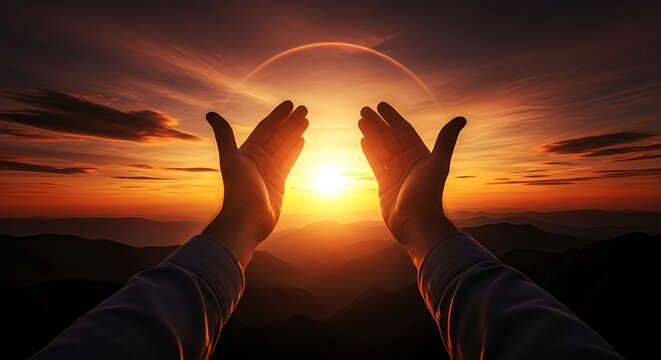 Hands reaching for vibrant sunset over majestic mountains, symbolizing hope, faith, and connection with nature's beauty