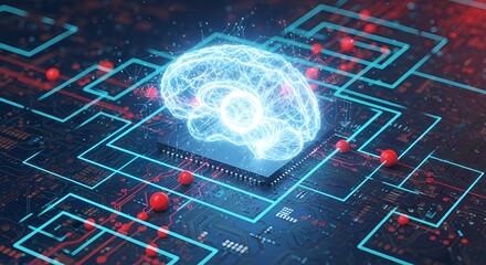 Glowing digital brain on futuristic circuit board signifies AI innovation and technological advancement