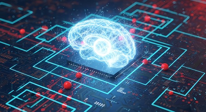 Glowing digital brain on futuristic circuit board signifies AI innovation and technological advancement