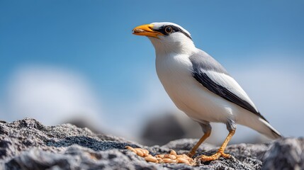 Naklejka premium A striking view showcases a lovely bird, showcasing white, grey, and black plumage, perched elegantly on a textured rock, with a vibrant orange beak and yellow legs.