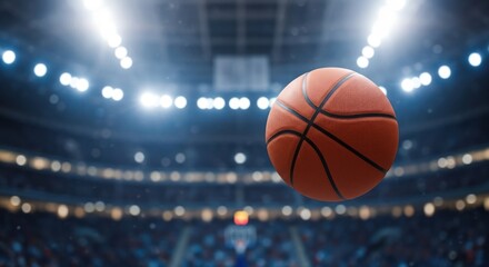 Obraz premium Basketball floating in mid- over a brightly lit, blurred professional indoor sports arena with spectators in the background, creating an energetic and dynamic atmosphere.