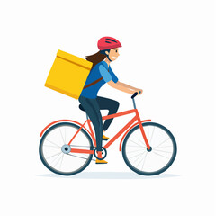 Naklejka premium Delivery cyclist rides a bicycle, carrying a yellow package. Flat vector illustration, ideal for food delivery, courier services, or urban lifestyle concepts.