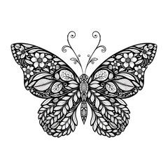 Intricate black and white ornate butterfly design with floral and leaf patterns, perfect for artistic projects and elegant decor.