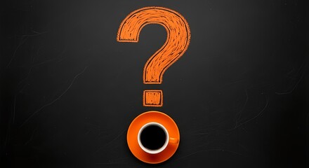Seeking answers? Bold orange question mark hovers over steaming coffee cup on dark textured background