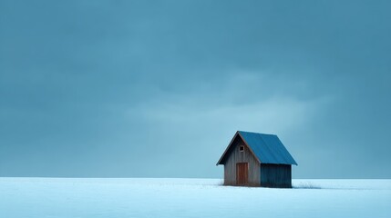 Serene Winter Landscape Featuring a Solitary Wooden Cabin in a Snow-Covered Field Beneath a Moody Sky in a Calm and Tranquil Environment
