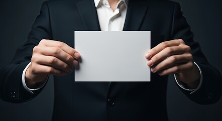 Professional businessman confidently holds blank card for important announcement or message presentation in modern studio