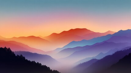Obraz premium Serene Mountain Landscape at Dusk with Layers of Colorful Mist, Soft Hues and Gentle Gradients in the Sky Creating a Tranquil Atmosphere Perfect for Relaxation or Inspiration