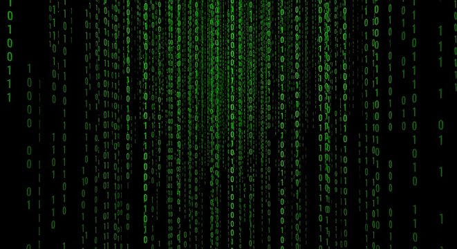 Dynamic green binary code cascades in a mesmerizing digital rain effect against a dark background