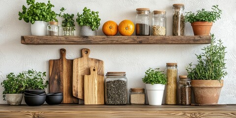 A wooden shelf with various herbs, spices, and fruits, arranged in a rustic, natural setting.