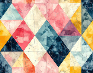 Abstract geometric artwork featuring colorful diamond shapes with textured watercolor effects.