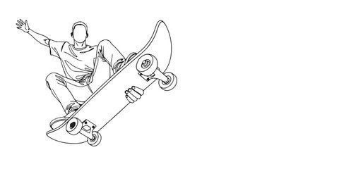 Minimalist line art illustration of a skateboarder performing a trick in mid-air. Simple black and white continuous line drawing representing street culture, extreme sports, skateboarding lifestyle
