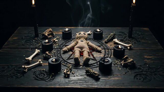 voodoo doll ritual with candles and occult items