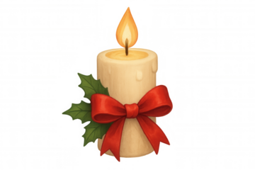 Christmas candle glowing with flame, decorated with red bow and holly leaves, representing holiday season light