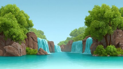 Naklejka premium Serene Natural Landscape Featuring Cascading Waterfalls and Lush Greenery Surrounded by Rocks in a Clear, Tranquil Pool Under a Bright Blue Sky