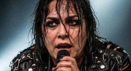 Close-up of passionate female singer with microphone in punk rock style
