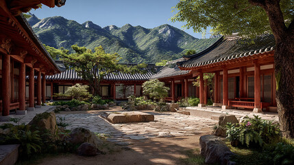 Traditional Korean house courtyard with stone pathways and tiled roofs, red wooden columns supporting covered walkways around a central stone patio