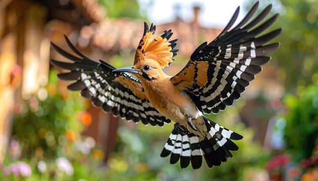 A beautiful hoopoe bird in flight, showcasing its striking black and white patterned wings and vibrant orange-brown plumage, against a blurred background of a garden setting.
