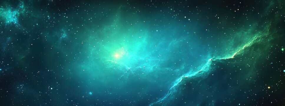 Cosmic space background with blue green nebula and stars, featuring deep space elements in digital art style.