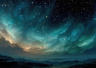 Starry sky with clouds and ocean waves, featuring cosmic elements and natural landscape in digital art style.