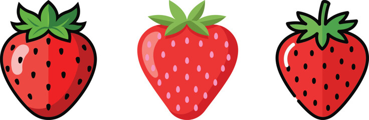Vibrant cartoon illustrations of fresh, ripe red strawberries with green stems, perfect for spring and summer themes