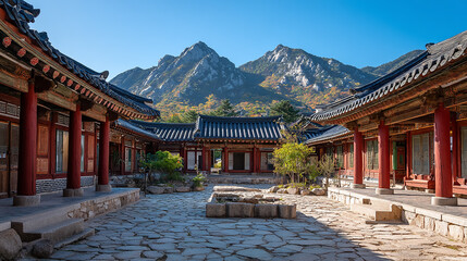 Traditional Korean house courtyard with stone pathways and tiled roofs, red wooden columns supporting covered walkways around a central stone patio