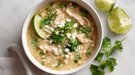 White chicken chili in a clean white bowl, garnished with fresh cilantro, crumbled cotija cheese, and a wedge of lime, high-resolution, bright and appetizing food photography