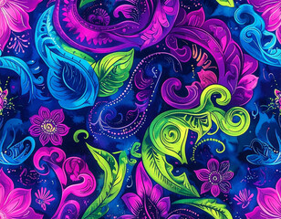 Vivid, colorful paisley pattern with flowers, leaves, and swirling designs in shades of blue, pink, purple, and green.