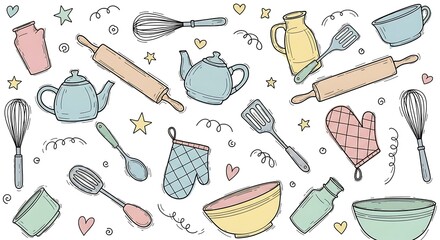 Doodle-style background filled with whimsical kitchen tools such as whisks, rolling pins, teapots, and spoons