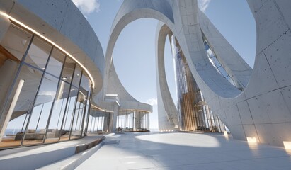 Showcases a modern architectural design featuring unique curved structures and large glass windows, creating a spacious and innovative interior.