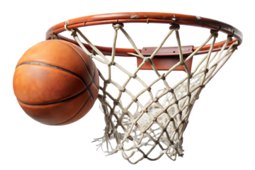 Basketball mid shot in net cutout png isolated on a transparent background