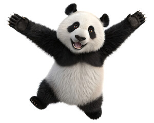 A happy panda bear standing on its hind legs with arms raised on a white background looking cheerful