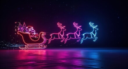 Vibrant Neon Santa Claus Sleigh and Reindeer Flying Across a Starry Night with Reflective Ground, Illuminated in Pink and Blue Glow