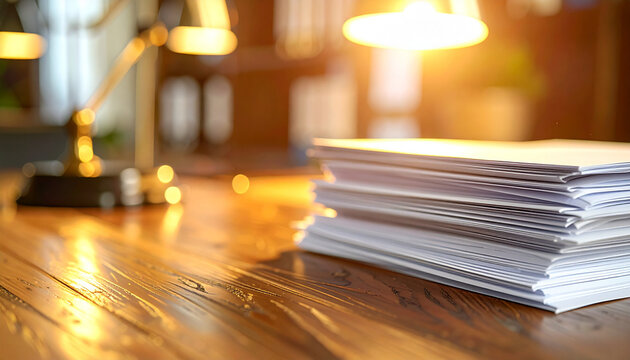 Legal Documents Stacked on a Wooden Desk with Brass Lamp