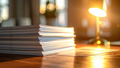 Towering stack of white documents illuminated by a desk lamp on a rustic wooden table, symbolizing a heavy workload and dedicated administrative effort in a quiet office environment
