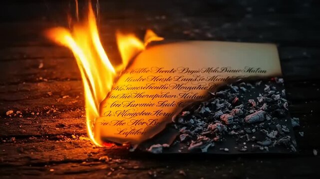 Old document burning with sparks and ash on wooden surface.