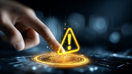 A hand is touching a digital warning sign with glowing effects, representing interaction with a tech interface related to alerts.