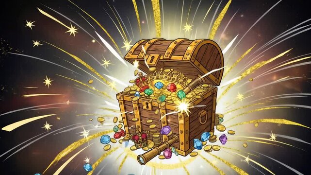 Wooden treasure chest showing light glowing then opening to reveal gold coins, gems, and crown for discovery concept animation.