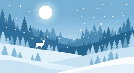 A serene minimalist winter landscape illustration with a majestic deer, pine trees, and falling snow under a bright moon in shades of blue and white.