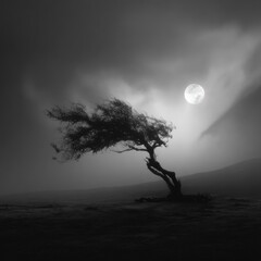 Fototapeta premium A lone tree stands in a misty, moonlit landscape, its branches reaching out towards the full moon. 