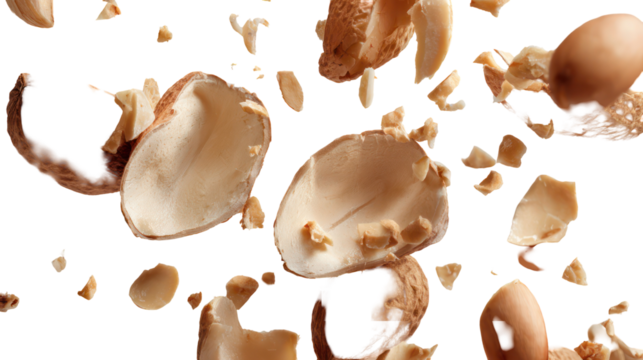 Cracked egg shells floating in mid air isolated on transparent background