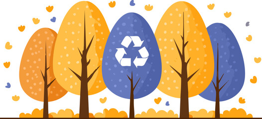 four leafy trees arranged in a row with a recycling symbol in the center