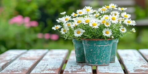 Three potted daisies in a rustic green pot on a weathered wooden table in a garden setting.