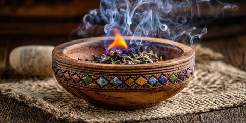 A wooden bowl with herbs and a flame inside, emitting smoke, placed on a burlap cloth on a wooden table.