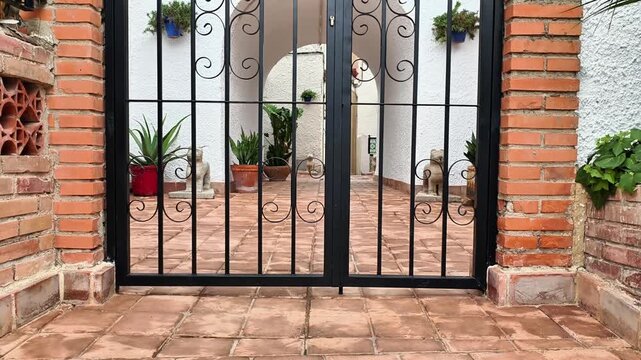 This video features beautifully framed shots of a wrought iron gate in a charming brick setting, highlighting its elegance against 